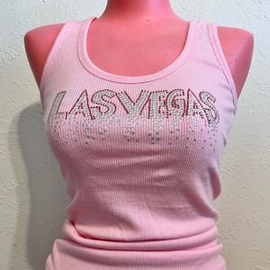 Vintage 90s Y2K Bedazzled Las Vegas Baby Pink Ribbed Tank Top